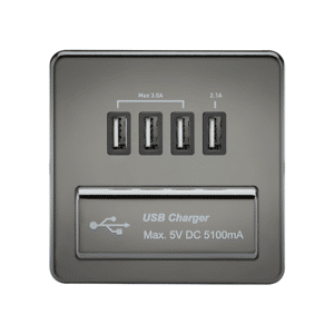 KnightsBridge 1G Screwless Black Nickel Quad USB 5V Charger Outlet - White Insert KnightsBridge 1G Screwless Black Nickel Quad USB 5V Charger Outlet - White Insert