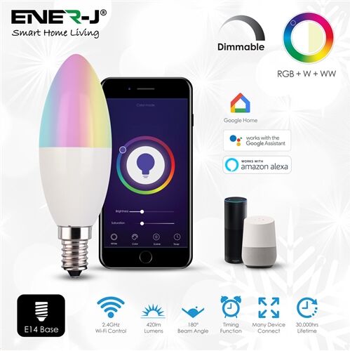 Ener-J Smart Wi-Fi E14 LED Candle Bulb 4.5W, RGB+W+WW, Dimmable