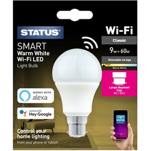 Status Smart 9w Pearl Dimmable Warm White LED GLS Bulb - BC Status Smart 9w Pearl Dimmable Warm White LED GLS Bulb - BC