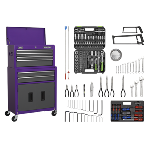 Sealey American Pro Topchest & Rollcab Combination 6 Drawer with Ball-Bearing Slides - Purple/Grey & 128pc Tool Kit