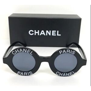 Chanel Vintage black round frame mod sunglasses with white PARIS logo