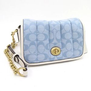 COACH Shoulder Bag Signature C4689 Light Blue White Canvas Leather Pochette Women's