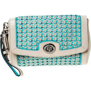 COACH Beige/Blue Caning Leather Flap Wristlet Clutch