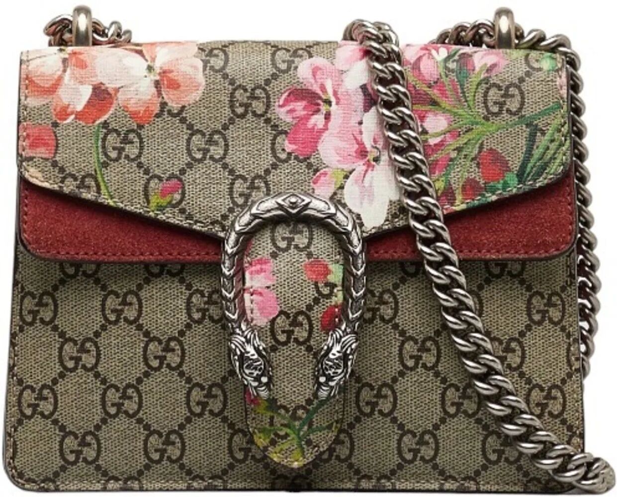 Gucci GG Blooms Dionysus Chain Shoulder Bag 421970 Beige Wine Red PVC Suede Women's