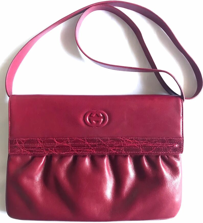 Gucci Vintage wine red shoulder bag with GG engraved flap and croc flap