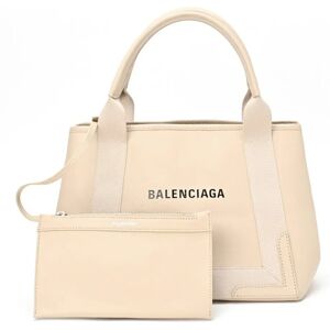 Balenciaga Navy Cabas S Tote Bag 339933 Leather Beige S-155162