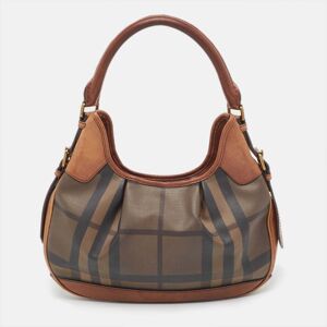 Burberry Dark Tan Smoked Beat Check Coated Canvas Small Brooklyn Hobo