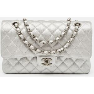 Chanel Silver Quilted Caviar Leather Medium Classic Double Flap Bag