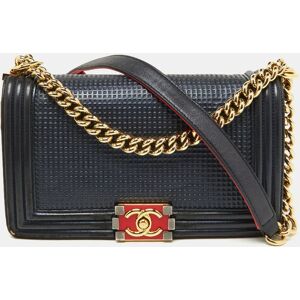 Chanel Dark Blue/Red Cube Embossed Leather Medium Boy Flap Bag