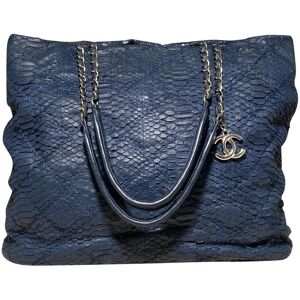 Chanel Navy Blue Quilted Matte Snakeskin Tote