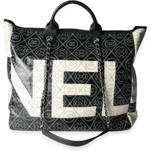 Chanel Black and Beige Coated Canvas and Leather Camellia & CC Print Shopper Tot