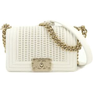 Chanel Boy  Small Fake Pearl Chain Shoulder Bag Leather White A67085 Gold Hardware