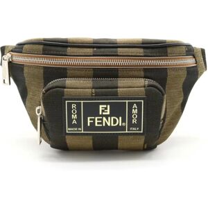 Fendi Pecan Striped Body Bag Waist Pouch Canvas Khaki Brown Black 7V46