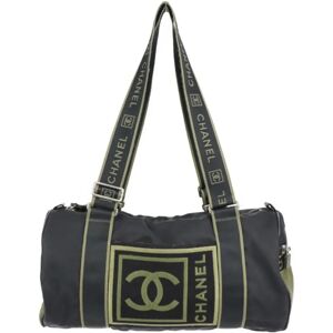 Chanel Sport Line Boston Bag Nylon Canvas Black Khaki Green Shoulder Travel Cocomark 10 Series Round Cylindrical