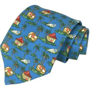 Hermes Necktie Palm Tree Coconut Seashell 100% Silk Blue Men's