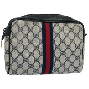 Gucci GG Canvas Sherry Line Clutch Bag Gray Red Navy 010 378 Auth 54723