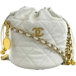 Chanel - NEW Mini Bucket Bag - White Caviar Leather / Gold 10 Coins CC Crossbody