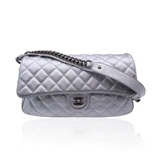 Chanel Airline 2016 Silver Quilted Leather Easy Flap Shoulder Bag