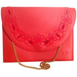 Valentino Vintage Garavani red leather clutch shoulder bag with red flower embroidery deco on the flap and V logo