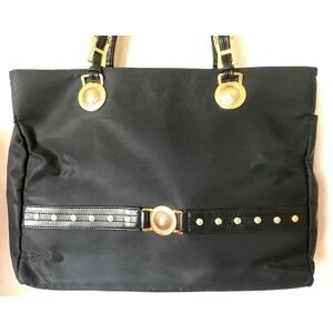 GIANNI VERSACE Vintage large black nylon and leather combination tote bag with gold tone sunburst motifs and chains