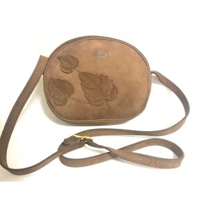 Vintage Longchamp brown suede leather oval round shape shoulder bag with leaf applique motifs. Rare and unique bag back in the old era.