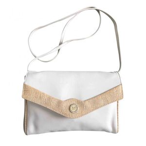 Celine Vintage ivory beige and brown lizard embossed leather combo shoulder bag, clutch purse with golden logo