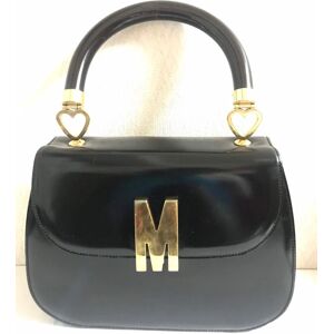 Moschino Vintage black patent enamel Kelly style handbag with M logo and heart motifs