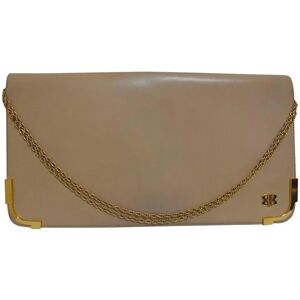 Bally Vintage nude beige leather chain shoulder bag, can be clutch purse with gold tone logo motif and frames