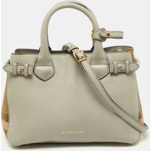 Burberry Grey/Beige Leather and House Check Fabric Small Banner Tote