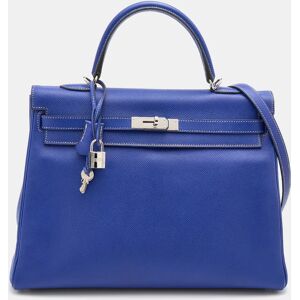 Hermes Bleu Electrique/Mykonos Epsom Leather Palladium Finish Kelly Retourne 35 Bag, Blue