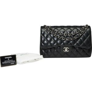 Timeless Jumbo double flap shoulder bag in black quilted lambskin , SHW - Size: Majestic​ ​Chanel​ ​Timeless​ ​Jumbo​ ​double​ ​flap​ ​shoulder​ ​bag​ ​in​ ​black​ ​quilted​ ​lambskin​ ​leather,​ ​silver​ ​metal​ ​trim,​ ​a​ ​silver​ ​metal​ ​chain​ ​hand