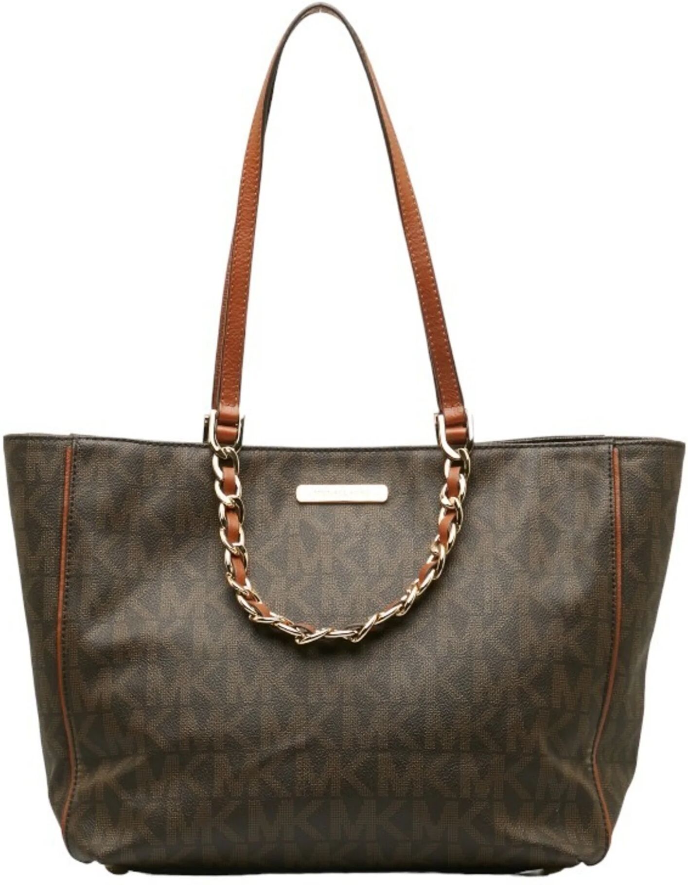 Michael Kors MK Monogram Chain Handbag Tote Bag Brown PVC Leather Women's