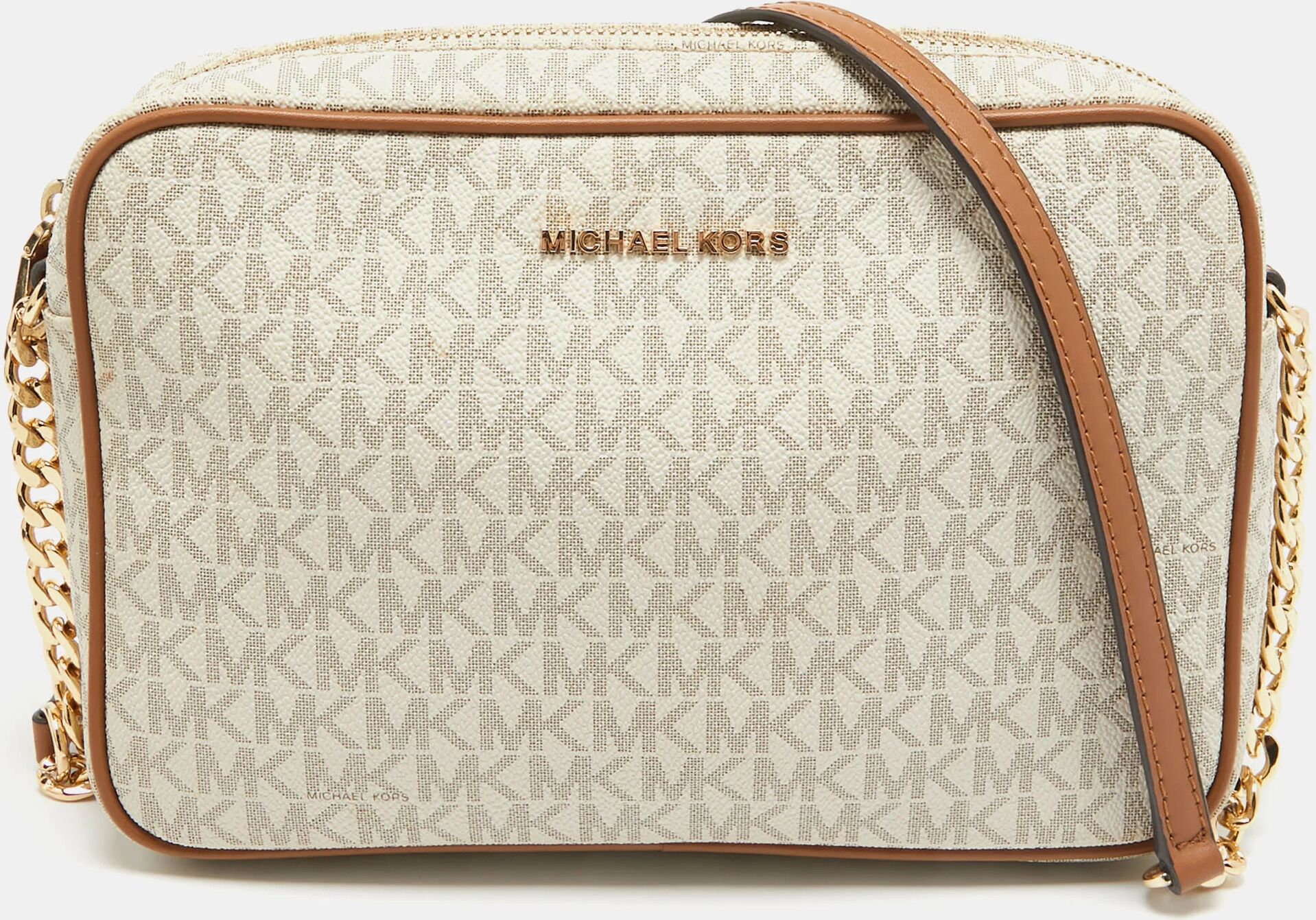 Michael Kors White/Brown Signature Coated Canvas and Leather East West Crossbody Bag