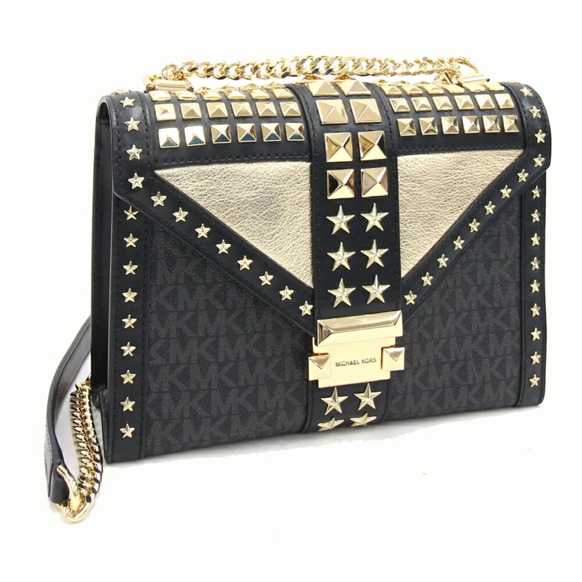 Michael Kors Shoulder Bag Whitney 30H0GWHL3Y Black PVC Leather Chain Studded Star MK Ladies