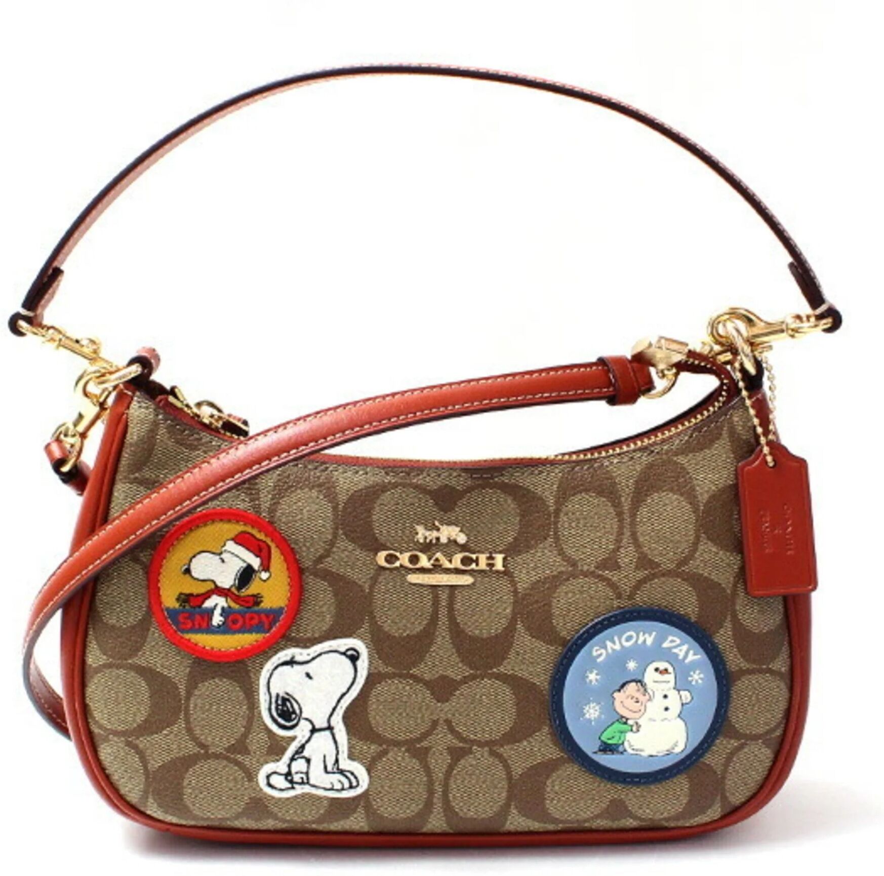 COACH X PEANUTS Terry Shoulder Bag Signature Canvas Patch 2Way Khaki Redwood Multi CE848 IMT1O