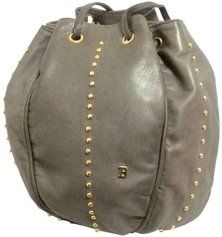 Bally Vintage taupe gray lamb leather ball shape hobo bucket shoulder bag with golden B charm