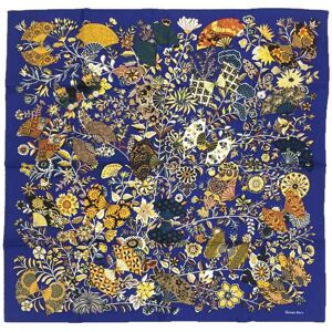 Hermes Scarf Muffler Carre 90 Fleurs et papillons de Tissus Flower Blooming Woven Blue BLEU NUIT/MIEL/OCRE 100% Silk