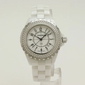 CHANELFinished  J12 Date Double Diamond Bezel White Ceramic Ladies Battery Operated Watch H0967