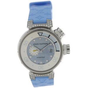 LOUIS VUITTON Tambour Automatic Watch Q1330 Stainless Steel Diamond Rubber Silver Blue Shell Dial Belt: