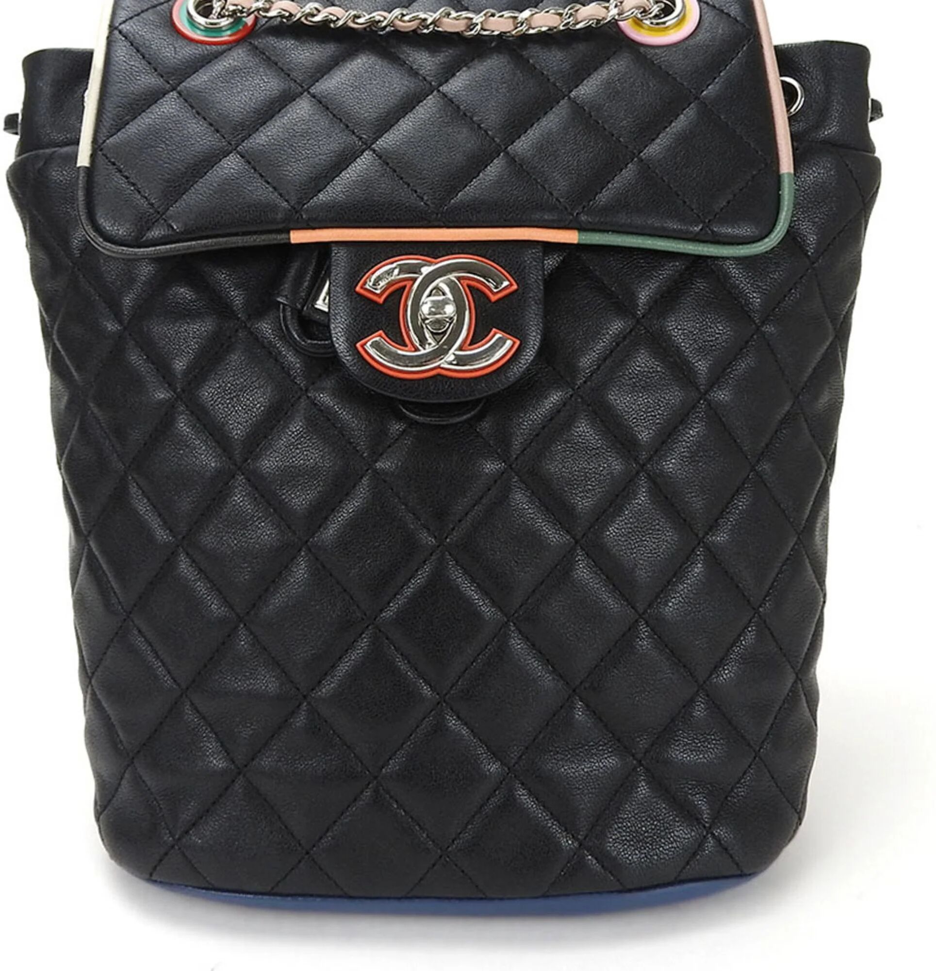 Chanel backpack rucksack matelasse here mark lambskin leather 23 series black multicolor quilting ladies bag