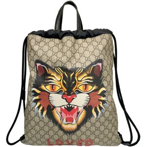 Gucci GG Supreme Drawstring Backpack Tiger Handbag 473872 PVC Nylon Rucksack Beige Black Men Women