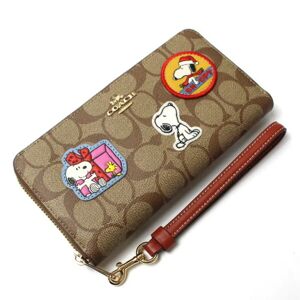 COACH X PEANUTS Long Zip Around Wallet Signature Canvas Patch Khaki Redwood Multi CF218 IMT1O