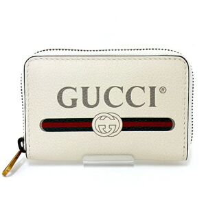 Gucci Round Zipper Coin Case Logo Print Card Interlocking G Purse Leather 496319 White Antique Gold Hardware