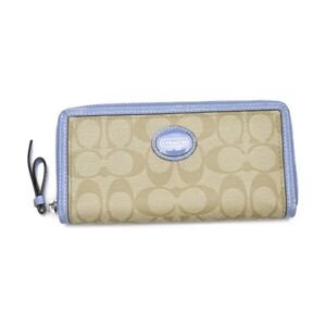 COACH Round Zipper Long Wallet PVC External Pocket  Beige x Light Blue