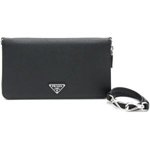 Prada Round Long Wallet 2ML051 Black Leather Organizer with Strap Men's Women's