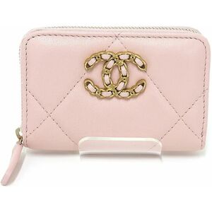 Chanel 19 zip coin purse lambskin light pink AP0949 card case S rank