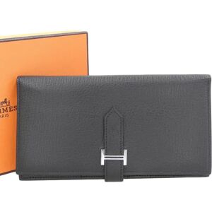 Hermes Bear Souffle Bifold Long Wallet Chevre Black N Engraved