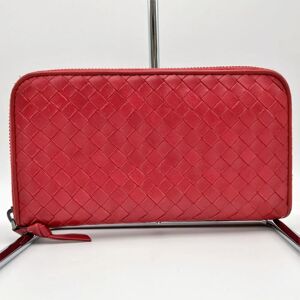 Bottega Veneta Intrecciato Long Wallet Round Zipper Leather Red Ladies Men's Fashion