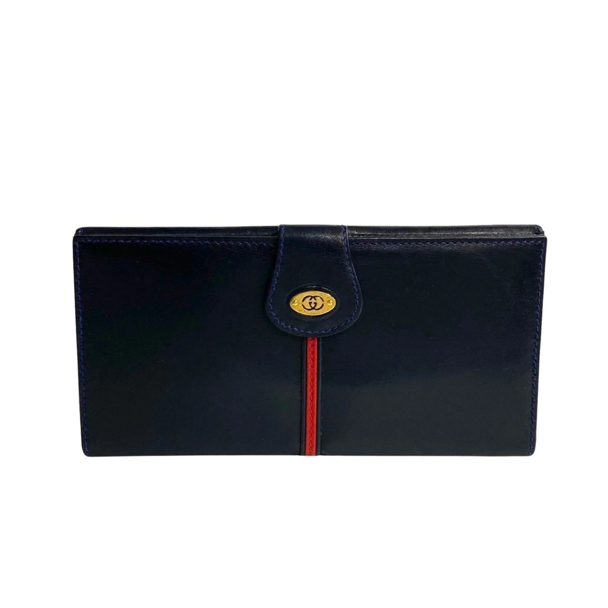 Gucci Old Sherry Line GG Metal Fittings Leather Body Bifold Long Wallet Navy 16048