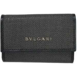 Bulgari Key Case Weekend Holder Small Herringbone Snap Button Grey Black 6-Row Metal 32583 Men's